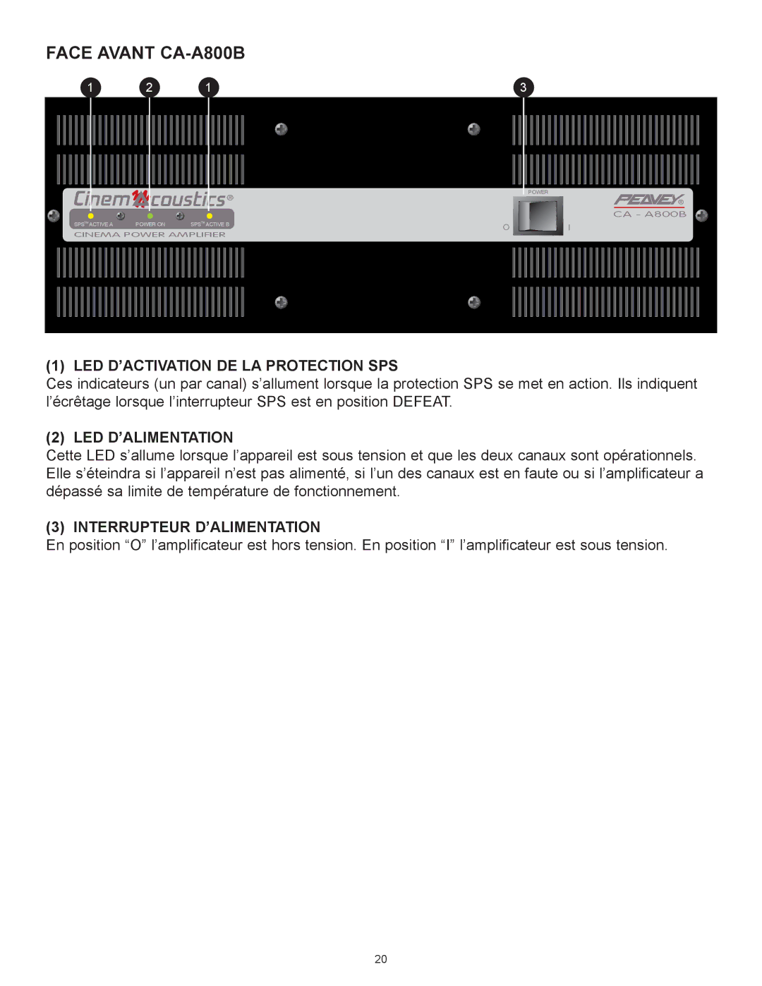 Peavey CA-A800B, CA-A540B manual LED Dõactivation DE LA Protection SPS, LED Dõalimentation, Interrupteur Dõalimentation 