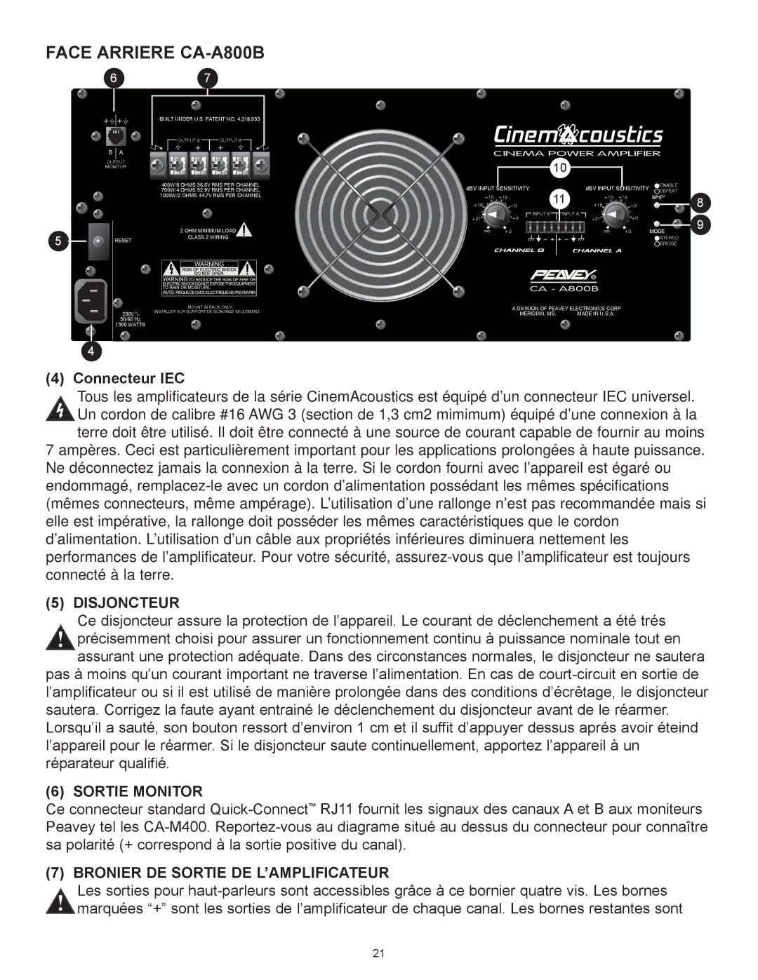 Peavey CA-A540B, CA-A800B manual Connecteur IEC, Disjoncteur, Sortie Monitor, Bronier DE Sortie DE Lõamplificateur 