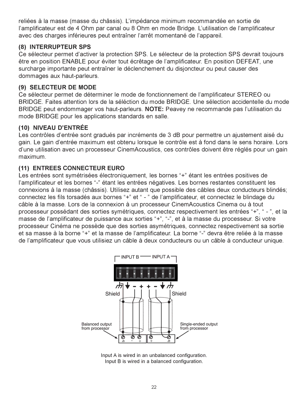 Peavey CA-A800B, CA-A540B manual Interrupteur SPS, Selecteur DE Mode, Niveau DÕENTRƒE, Entrees Connecteur Euro 