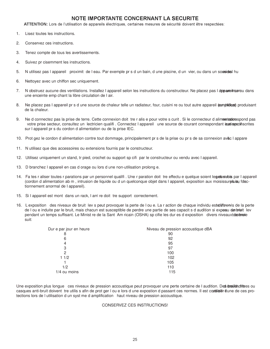 Peavey CA-A540B, CA-A800B manual Conservez CES Instructions 