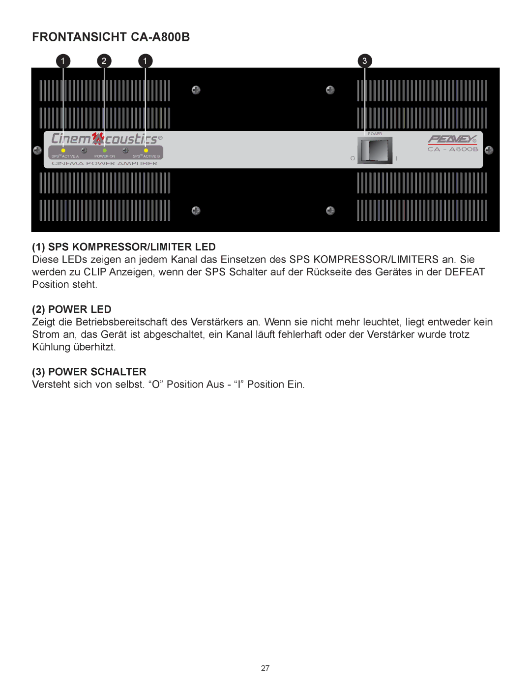 Peavey CA-A540B, CA-A800B manual Sps Kompressor/Limiter Led, Power Schalter 