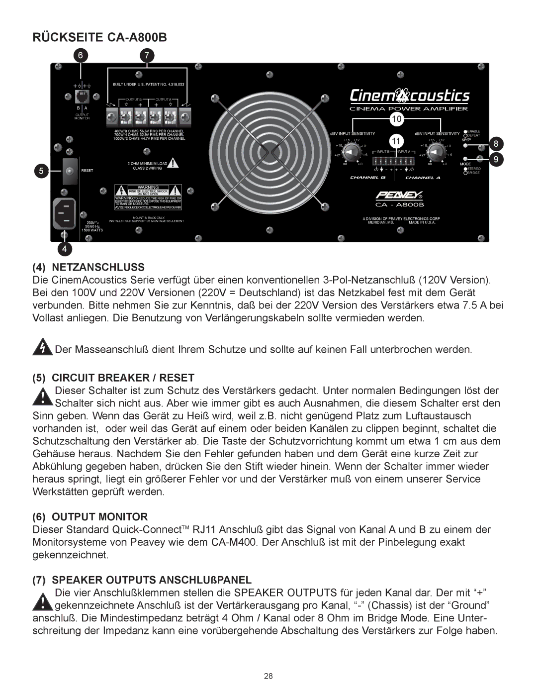 Peavey CA-A800B, CA-A540B manual Netzanschluss, Circuit Breaker / Reset, Speaker Outputs ANSCHLU§PANEL 