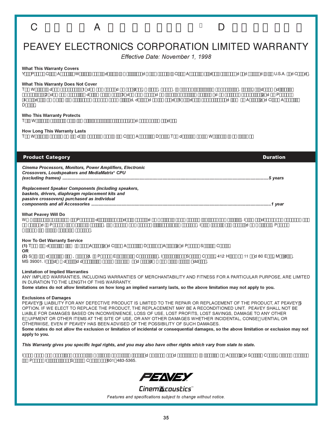 Peavey CA-A540B, CA-A800B manual Peavey Electronics Corporation Limited Warranty 