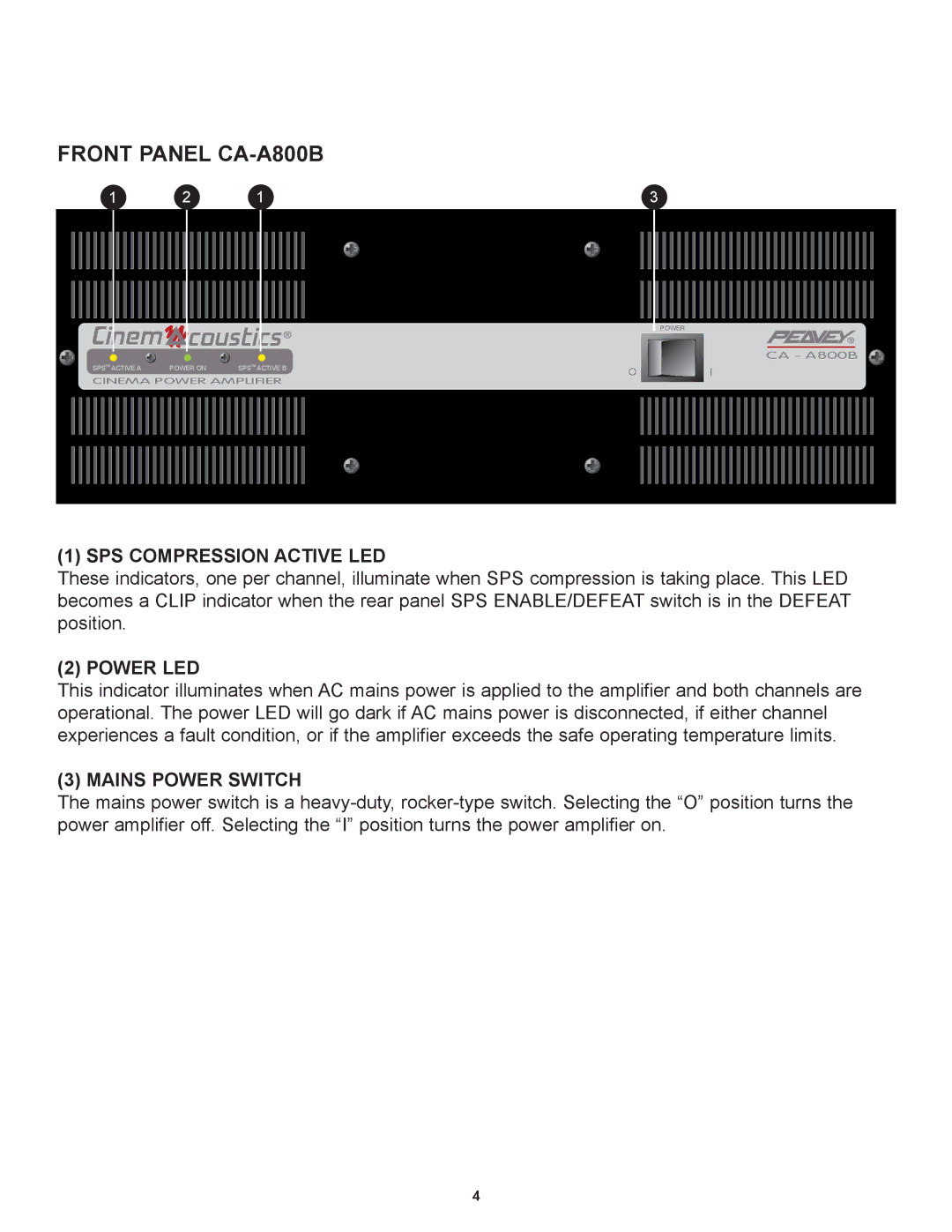 Peavey CA-A800B, CA-A540B manual SPS Compression Active LED, Power LED, Mains Power Switch 