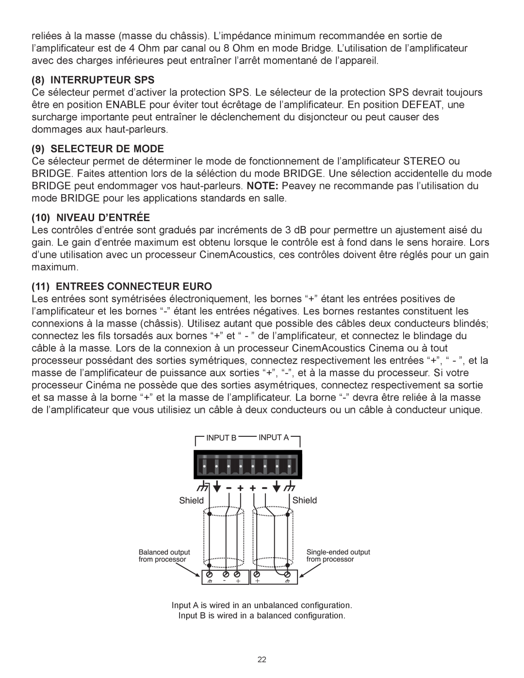 Peavey CA-A800B, CA-A540B manual Interrupteur Sps, Selecteur De Mode, NIVEAU DÕENTRƒE, Entrees Connecteur Euro 