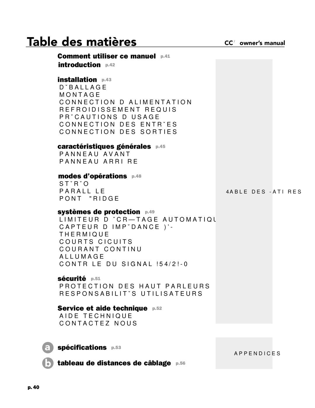 Peavey CC 2800, CC 4000, CC 1800 owner manual Table des matières, Systèmes de protection p.49 