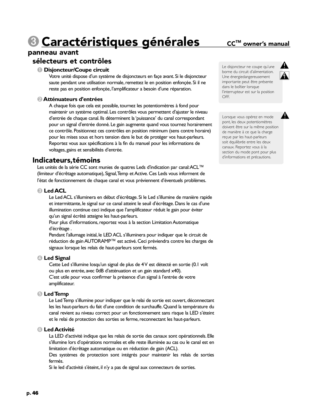 Peavey CC 2800, CC 4000, CC 1800 owner manual 3Caractéristiques générales, Indicateurs,témoins 