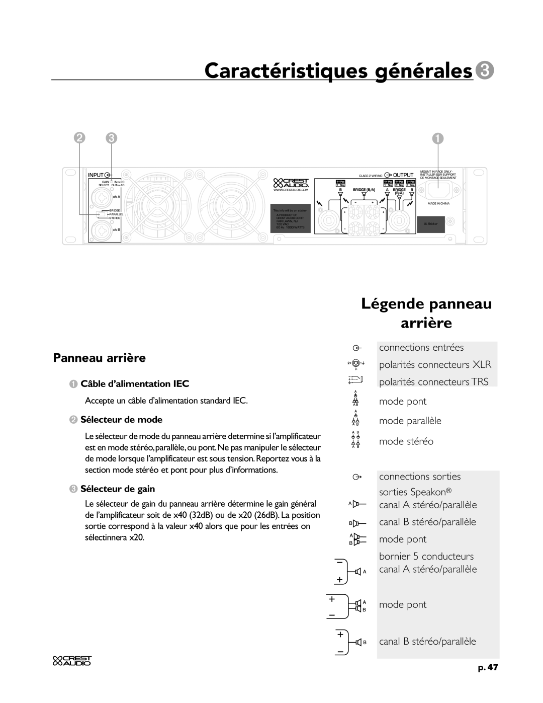 Peavey CC 4000, CC 1800, CC 2800 Caractéristiques générales3, Panneau arrière, Câble d’alimentation IEC, Sélecteur de mode 