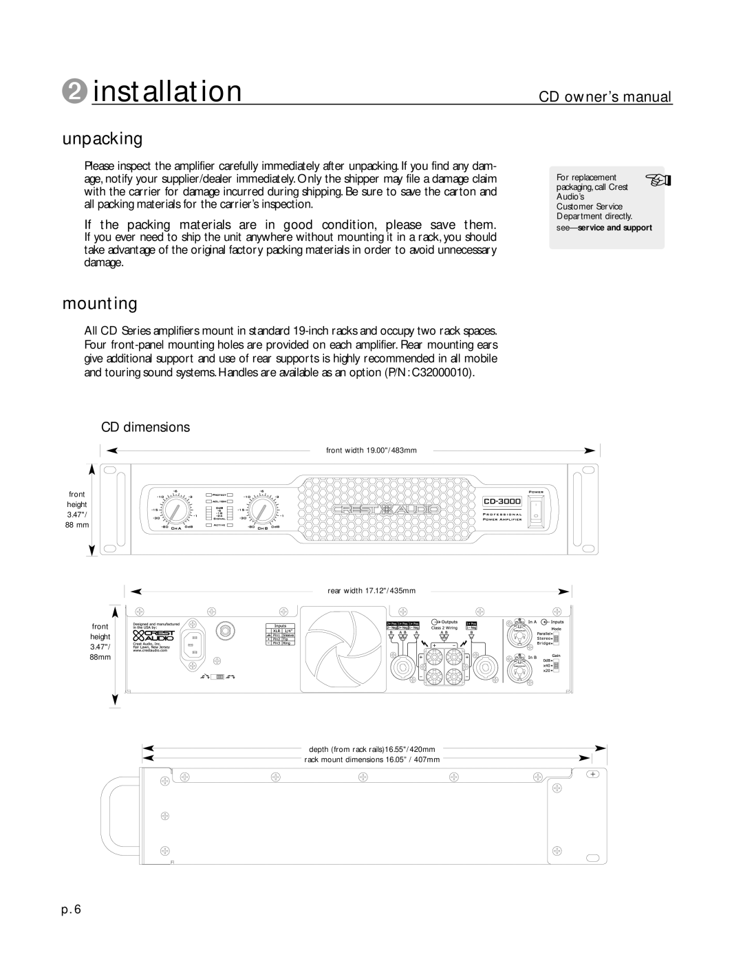 Peavey CD Series owner manual Unpacking, CD dimensions 