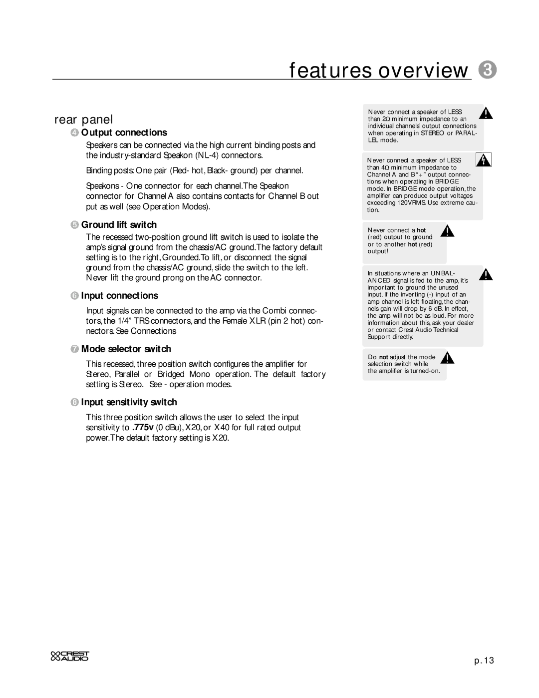 Peavey CD Series Output connections, Ground lift switch, Input connections, Mode selector switch, Input sensitivity switch 