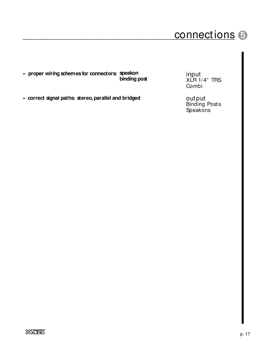 Peavey CD Series owner manual Connections, Input, Output, Proper wiring schemes for connectors speakon binding post 