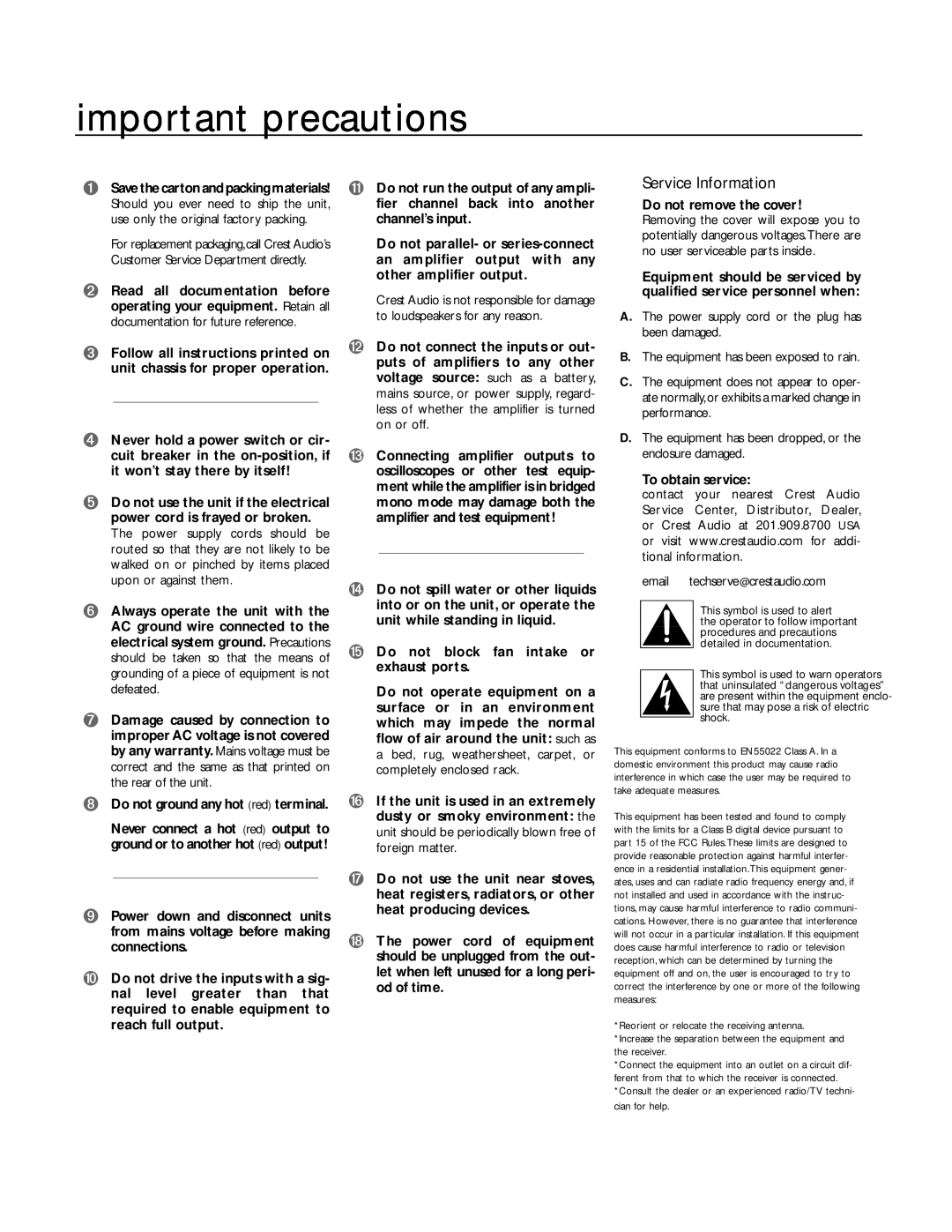Peavey CD Series owner manual important precautions, Service Information 