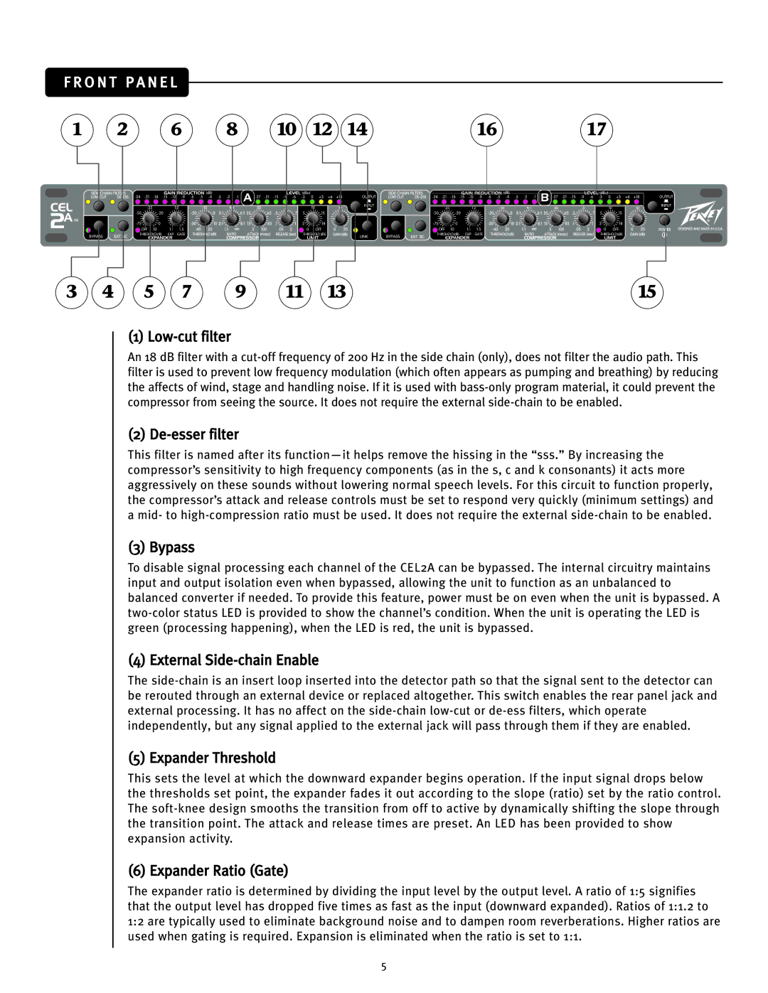Peavey CEL-2A Low-cut filter, De-esser filter, Bypass, External Side-chain Enable, Expander Threshold, Expander Ratio Gate 
