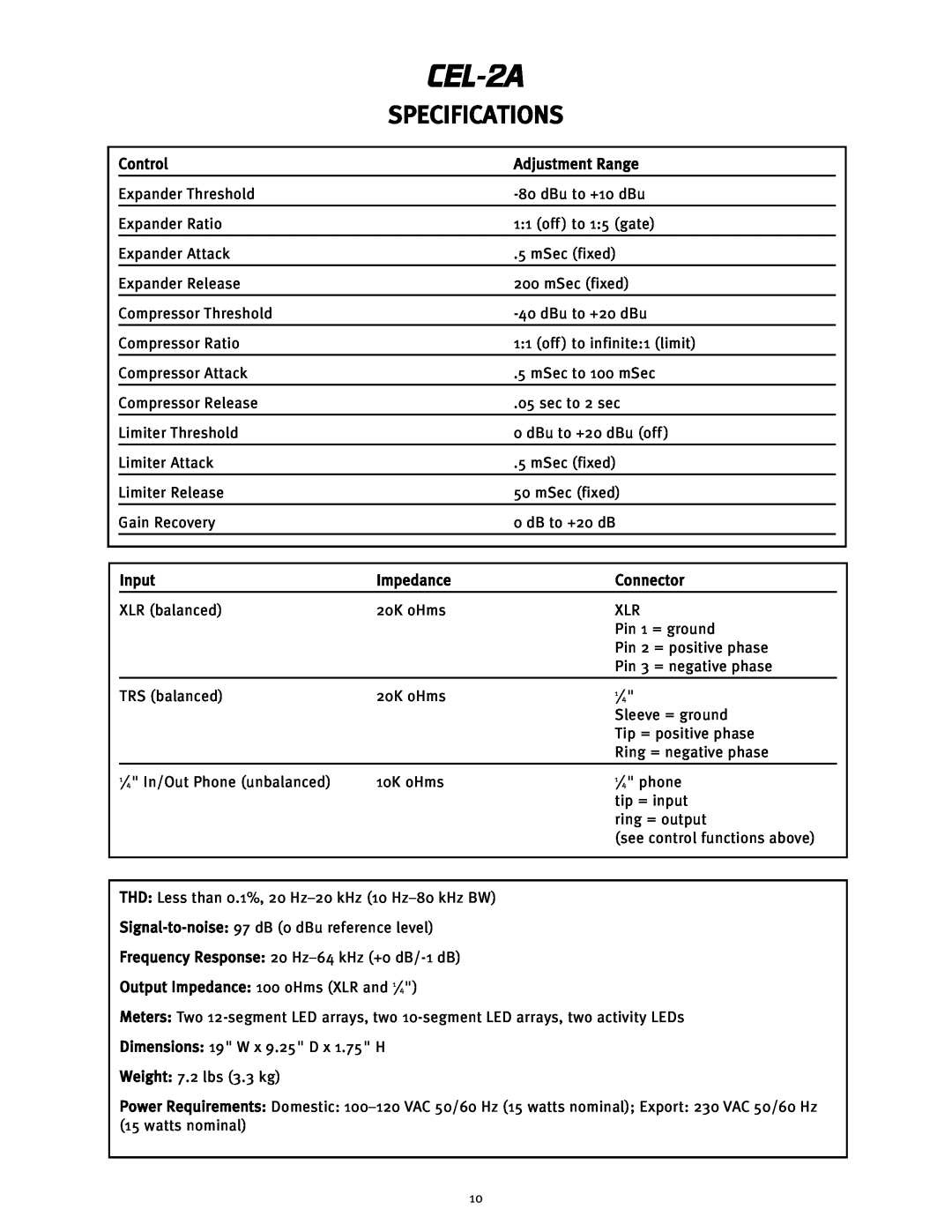 Peavey CEL-2A manual Specifications 