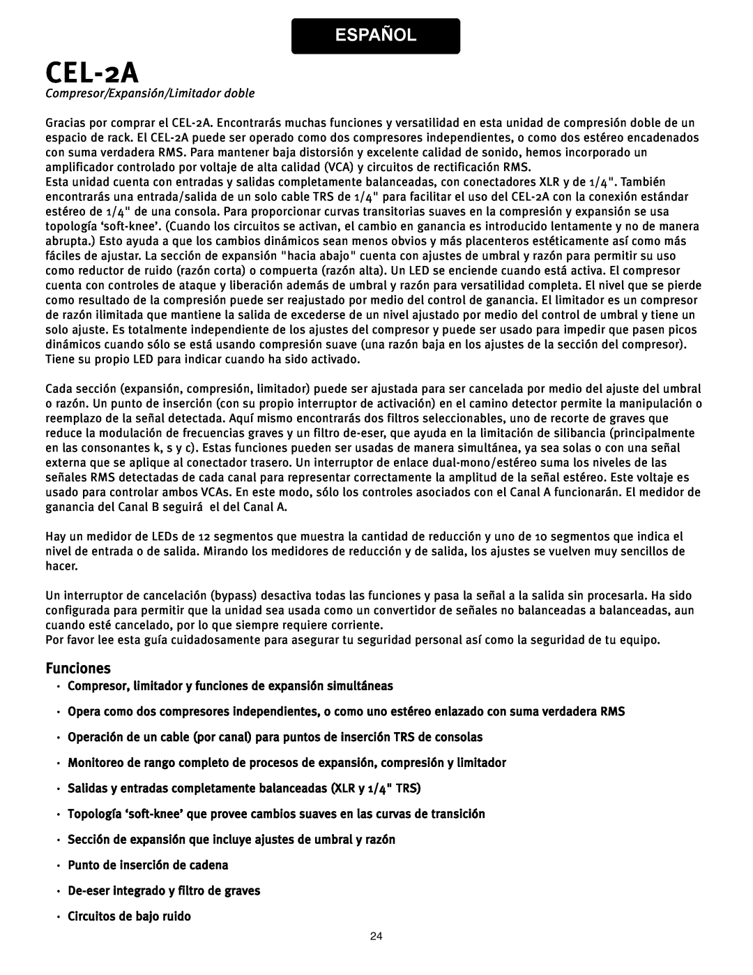 Peavey CEL-2A manual Español, Funciones, Compresor/Expansión/Limitador doble 