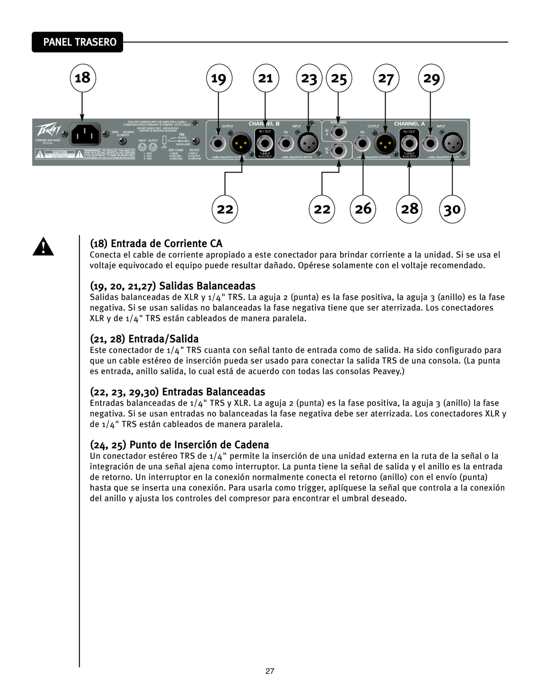 Peavey CEL-2A manual Panel Trasero, Entrada de Corriente CA, 19, 20, 21,27 Salidas Balanceadas, 21, 28 Entrada/Salida 