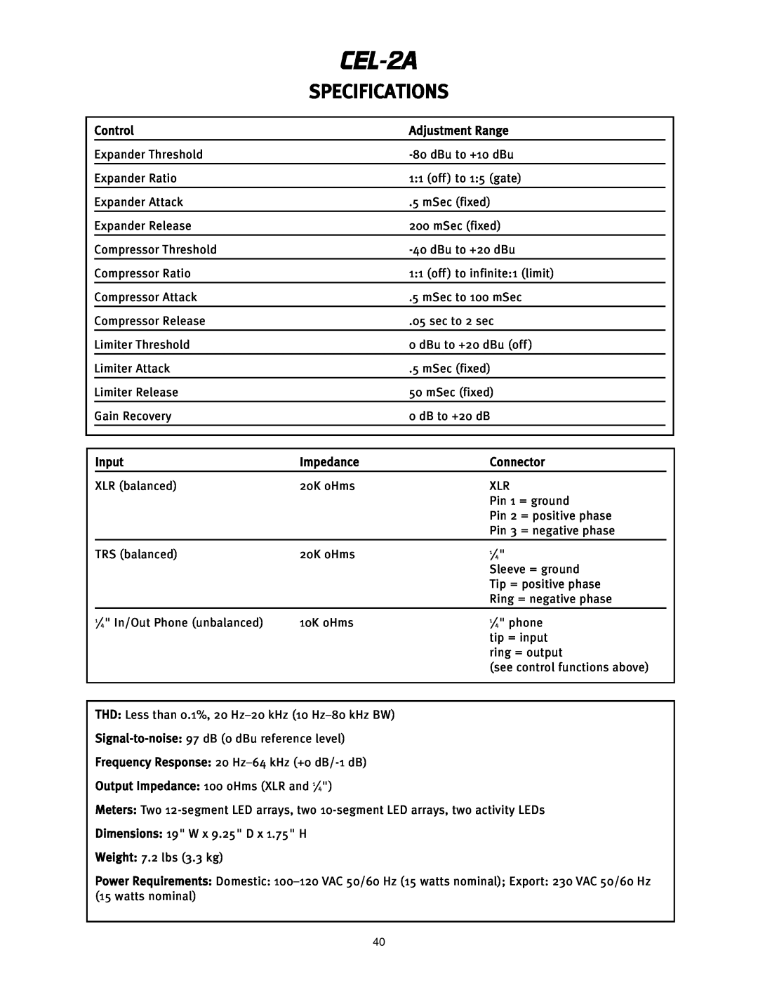 Peavey CEL-2A manual Specifications 