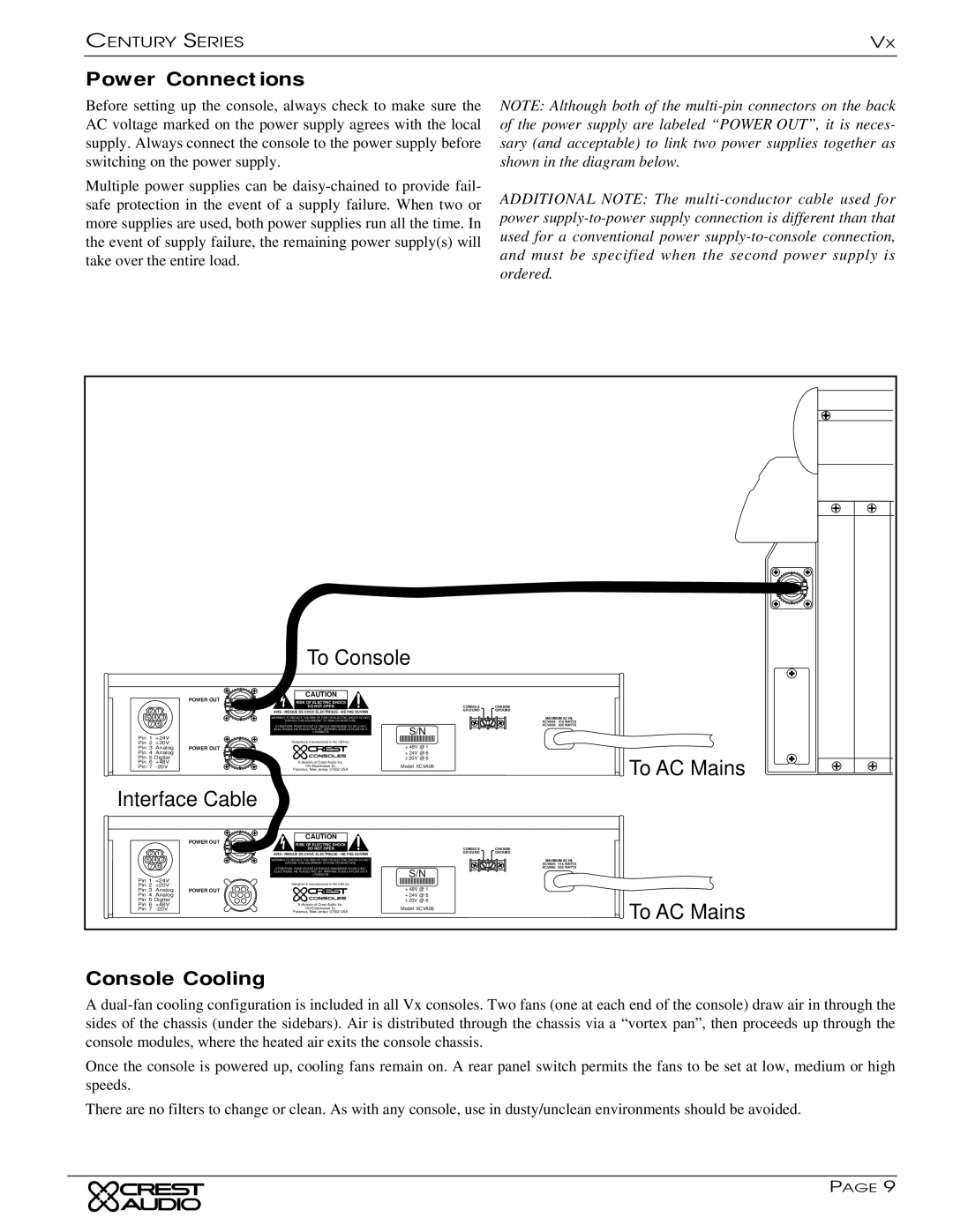 Peavey Century Series owner manual Power Connections, Console Cooling 