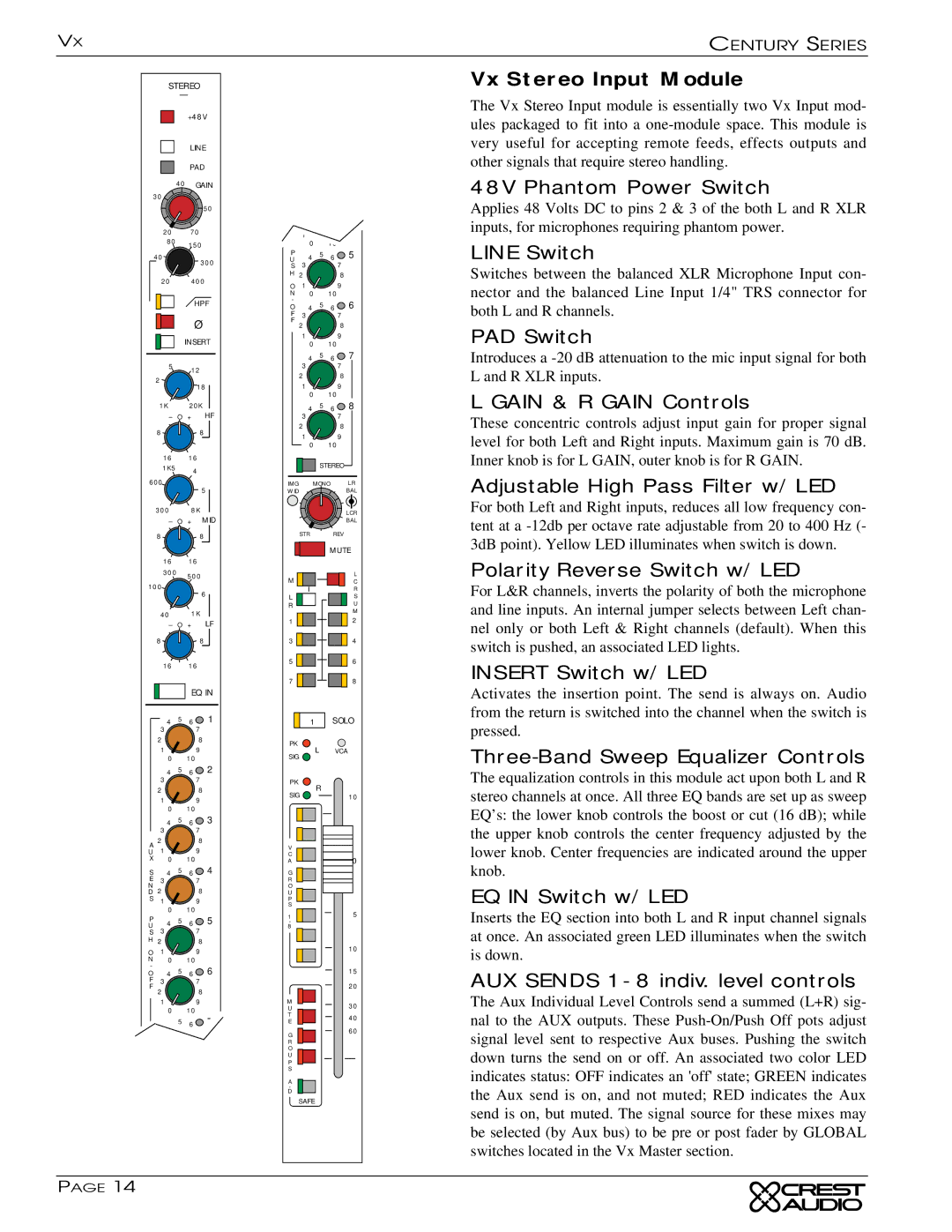 Peavey Century Series owner manual Vx Stereo Input Module, Gain & R Gain Controls, Three-Band Sweep Equalizer Controls 