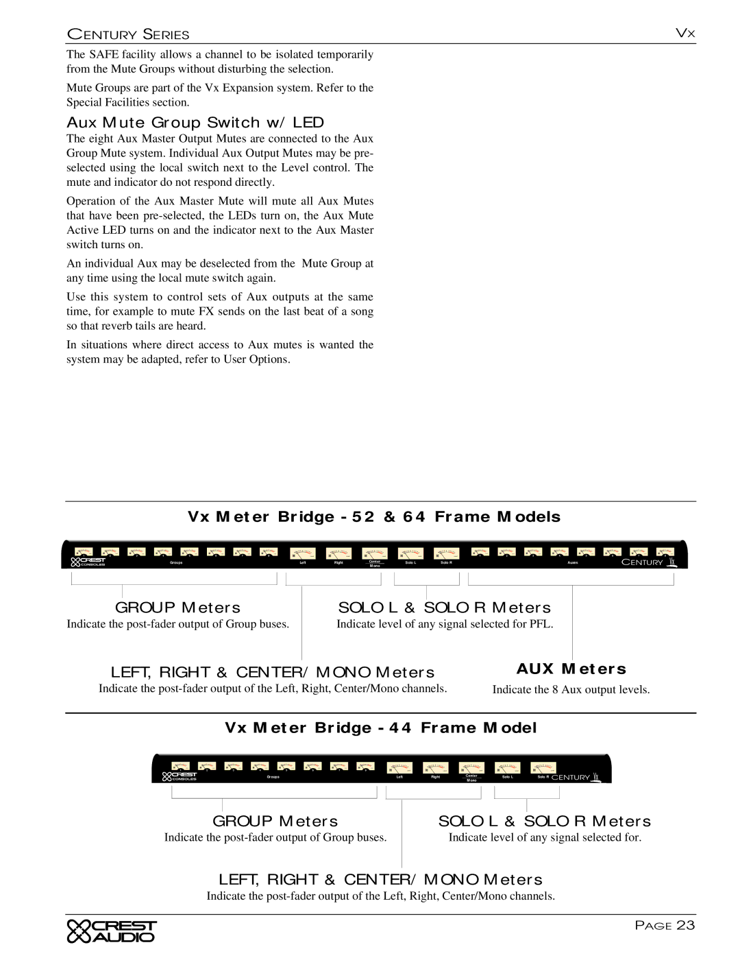 Peavey Century Series owner manual Vx Meter Bridge 52 & 64 Frame Models, AUX Meters, Vx Meter Bridge 44 Frame Model 