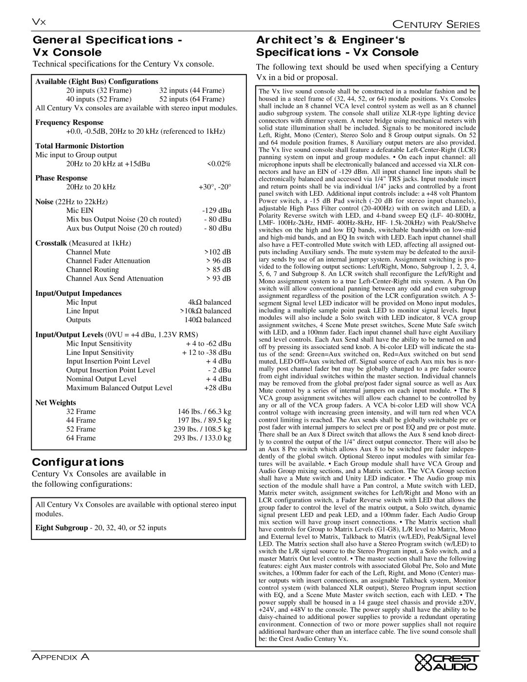 Peavey Century Series owner manual General Specifications Vx Console, Configurations 