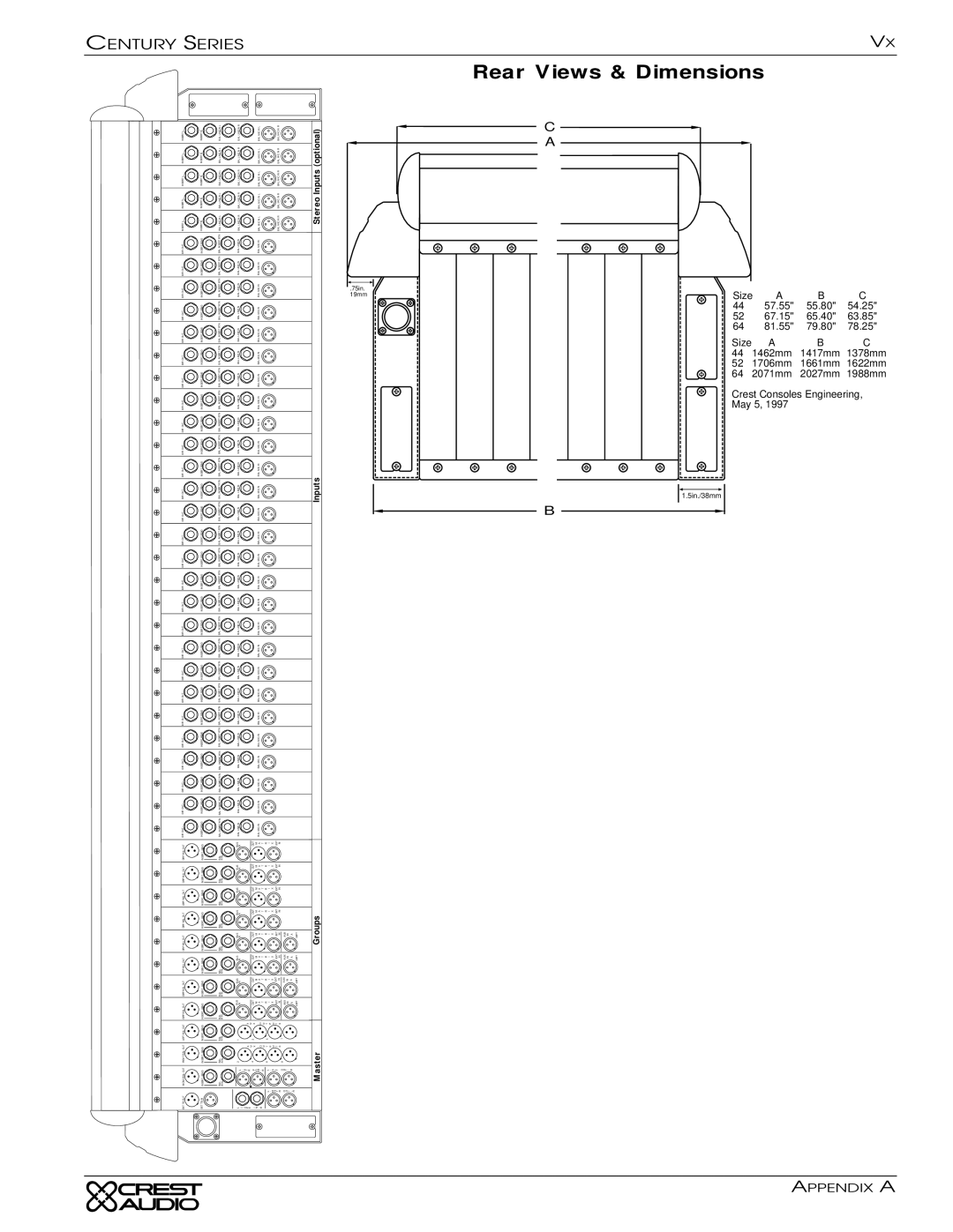 Peavey Century Series owner manual Rear Views & Dimensions 