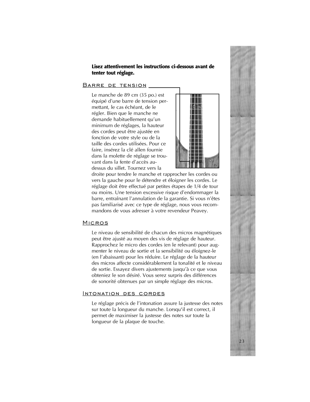 Peavey Cirrus manual Barre de tension, Micros, Intonation des cordes 