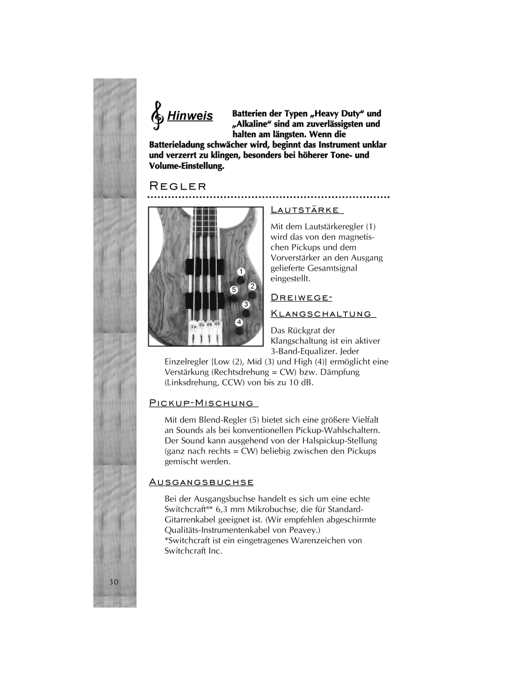 Peavey Cirrus manual G l e r, Lautstärke, Dreiwege Klangschaltung, Pickup-Mischung, Ausgangsbuchse 