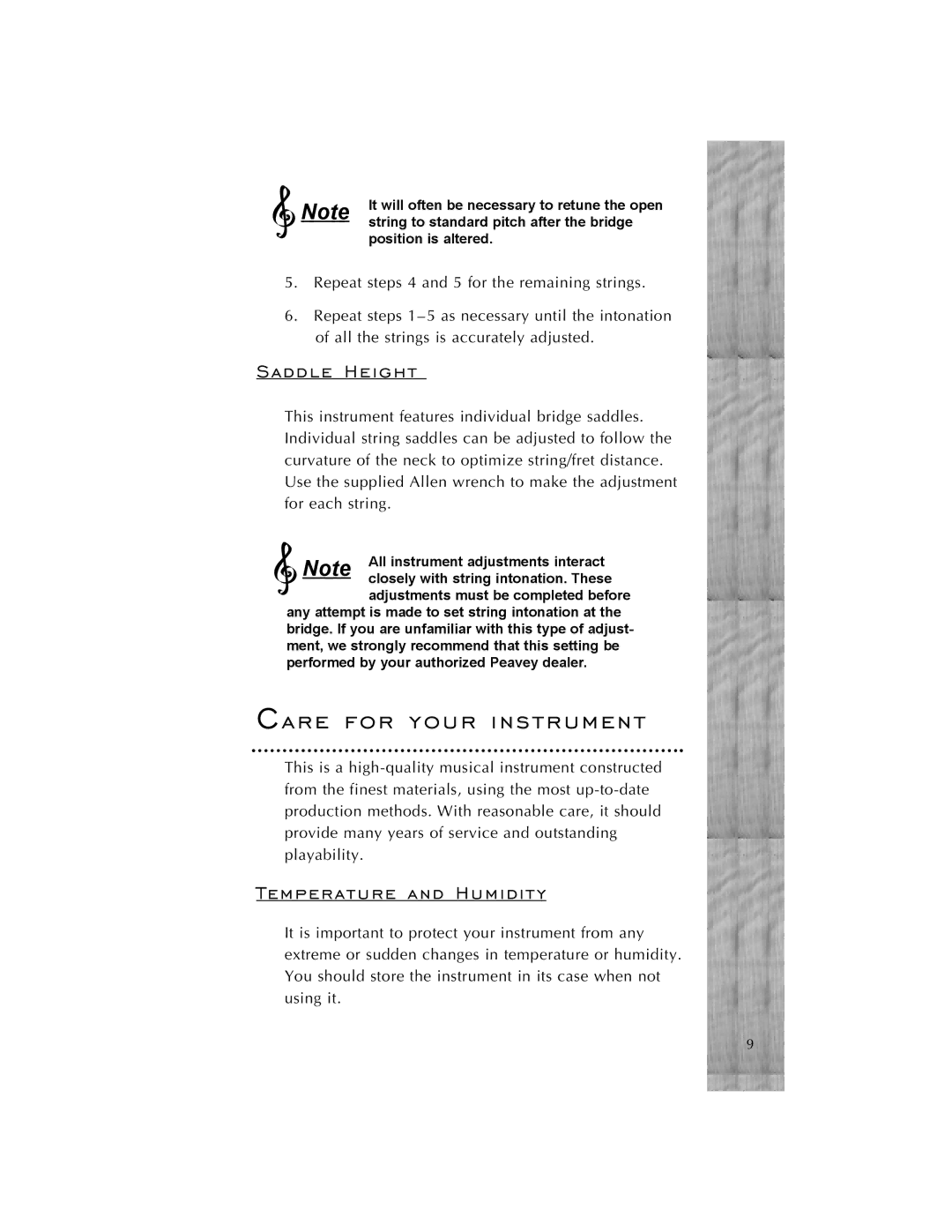 Peavey Cirrus manual Care for your instrument, Saddle Height, Temperature and Humidity 