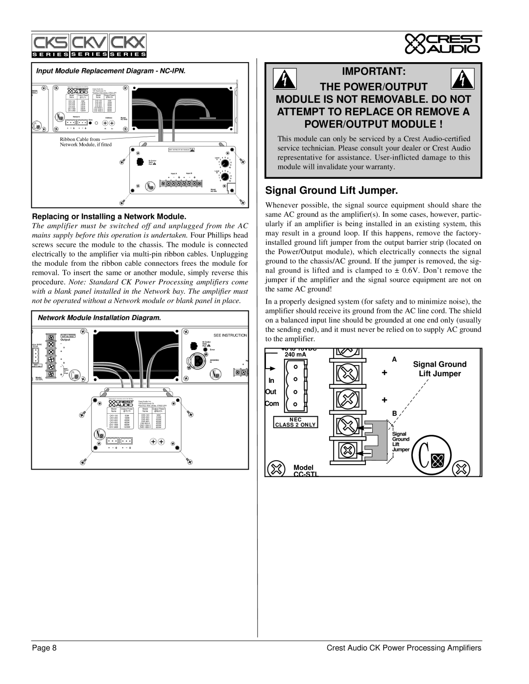 Peavey CKS Series, CKV Series, CKX Series owner manual Signal Ground Lift Jumper, Replacing or Installing a Network Module 