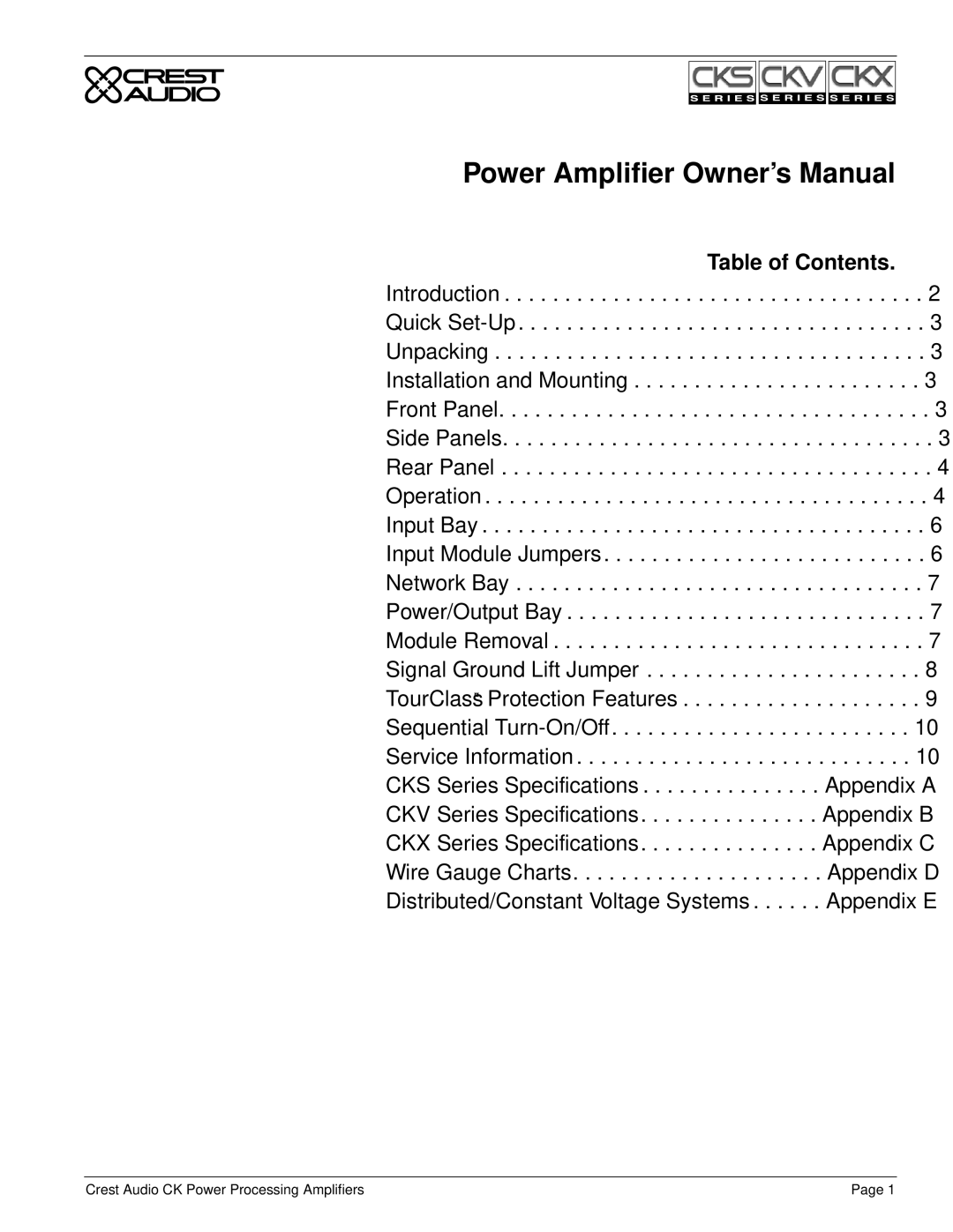 Peavey CKV Series, CKS Series, CKX Series owner manual Table of Contents 