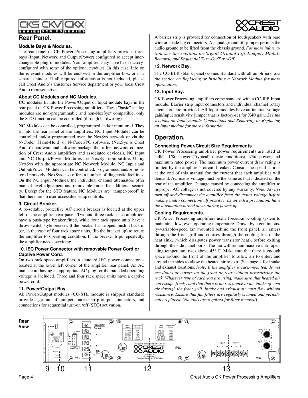 Peavey CKV Series, CKS Series, CKX Series owner manual Rear Panel, Operation 