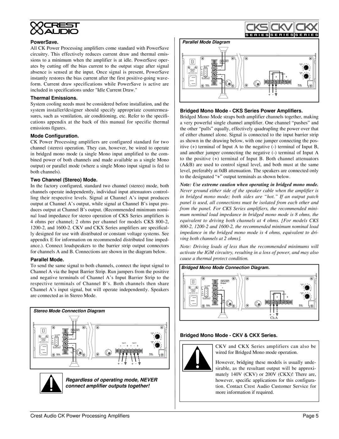 Peavey CKS Series, CKV Series PowerSave, Thermal Emissions, Mode Configuration, Two Channel Stereo Mode, Parallel Mode 