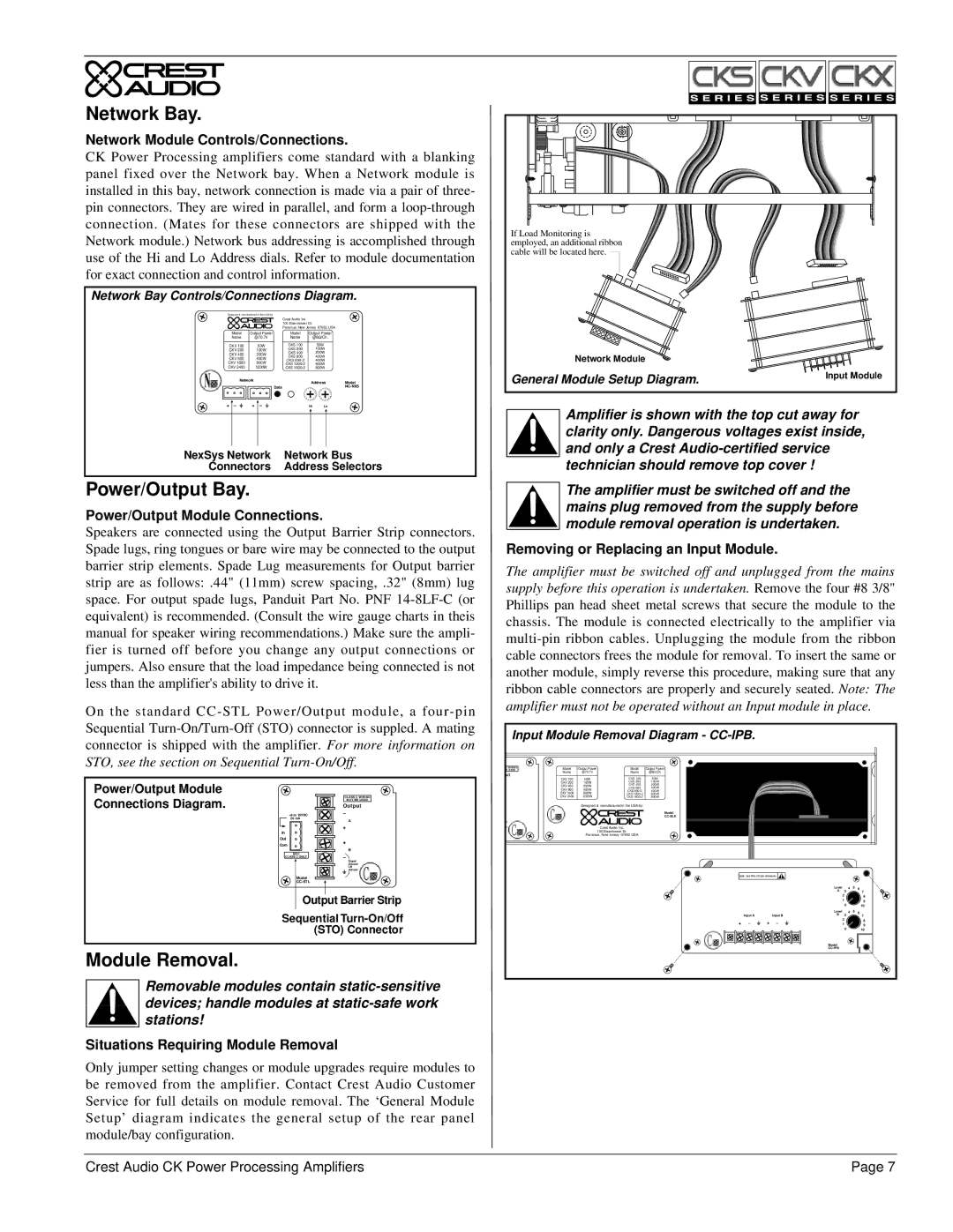 Peavey CKV Series, CKS Series, CKX Series owner manual Network Bay, Power/Output Bay, Module Removal 