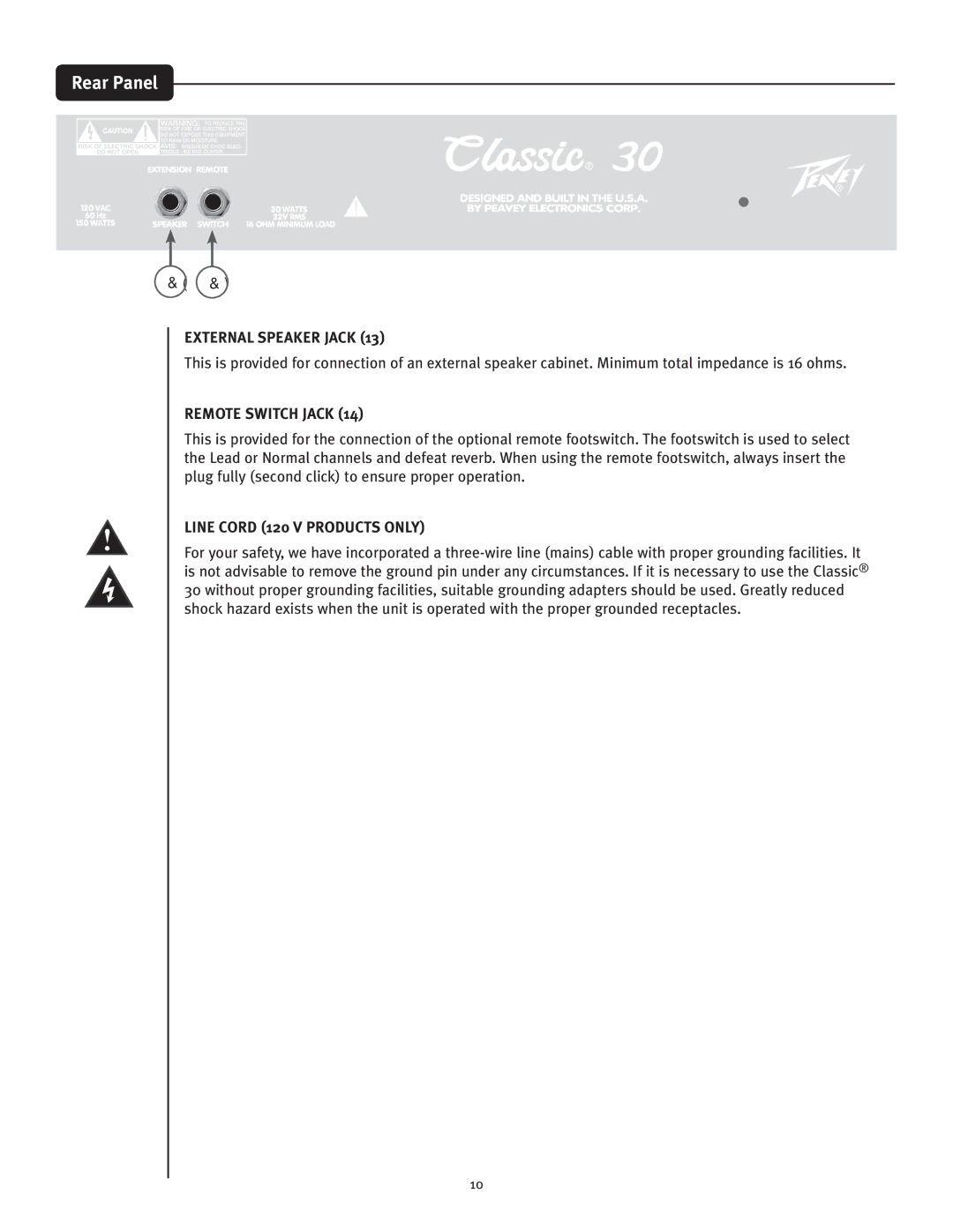 Peavey Classic 30 manual External Speaker Jack, Remote Switch Jack, Line Cord 120 V Products only 