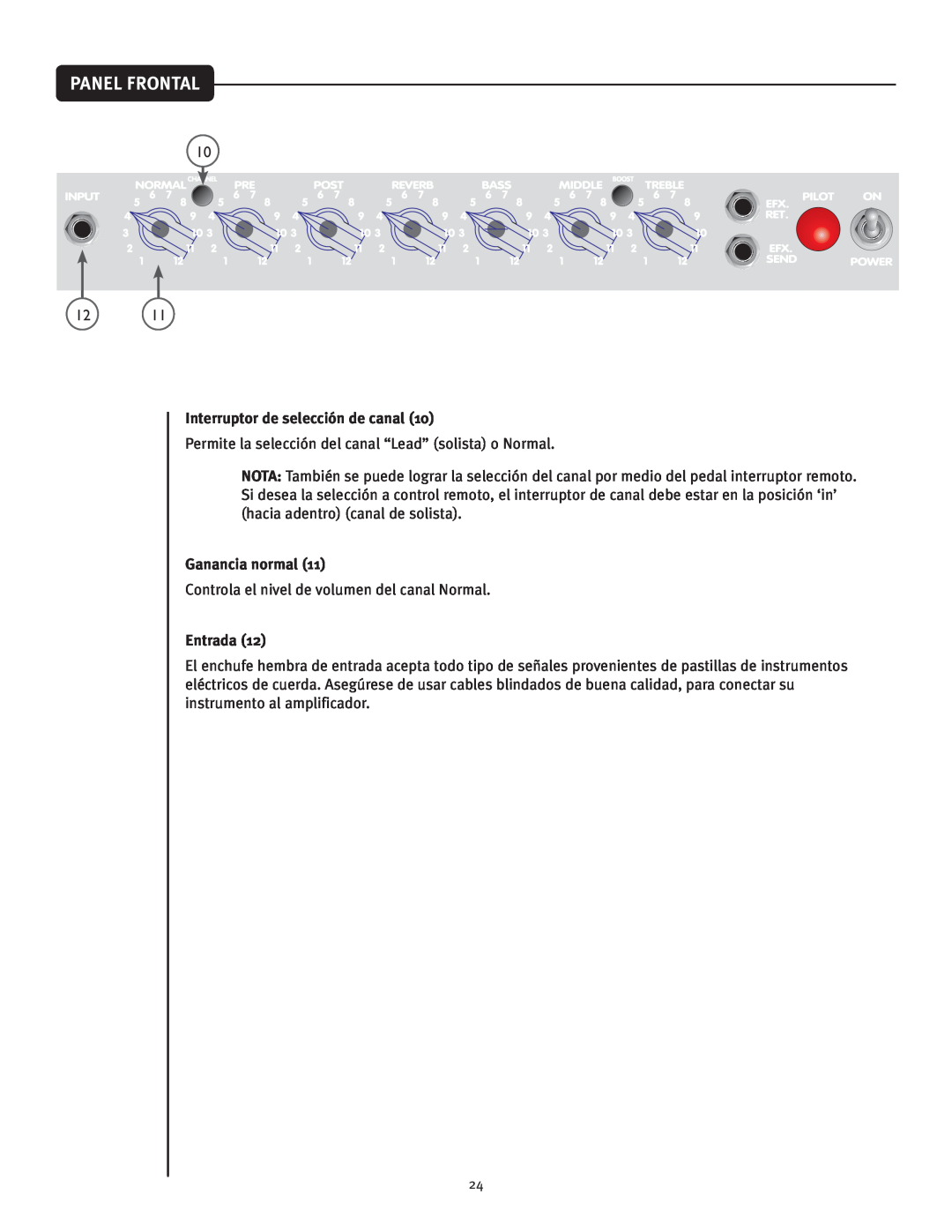 Peavey Classic 30 manual Panel Frontal, Interruptor de selección de canal, Ganancia normal, Entrada 