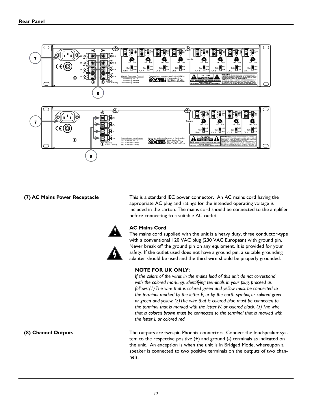 Peavey CM2204, CM2208 owner manual Rear Panel, AC Mains Power Receptacle, AC Mains Cord, Channel Outputs 