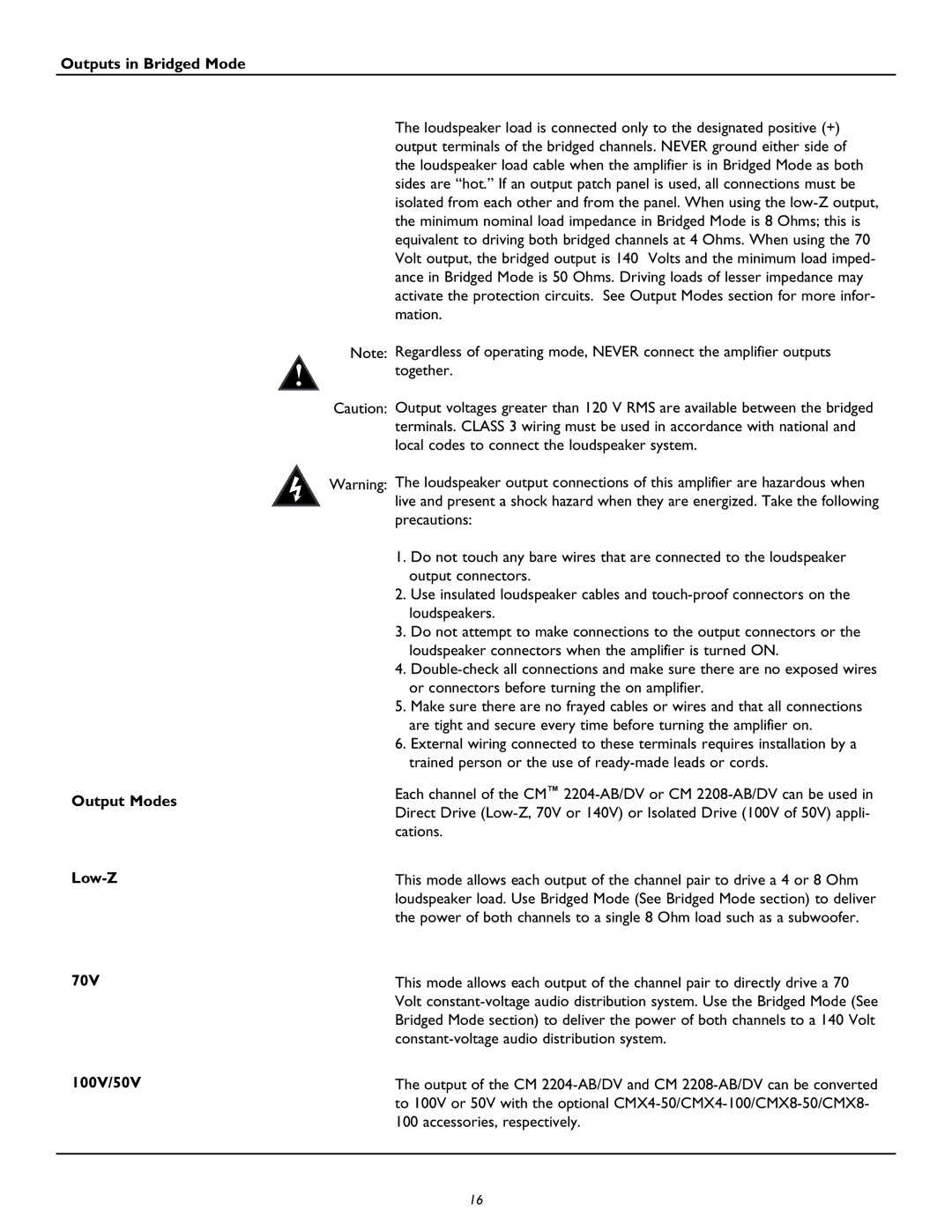 Peavey CM2204, CM2208 owner manual Outputs in Bridged Mode Output Modes Low-Z 70V 100V/50V 