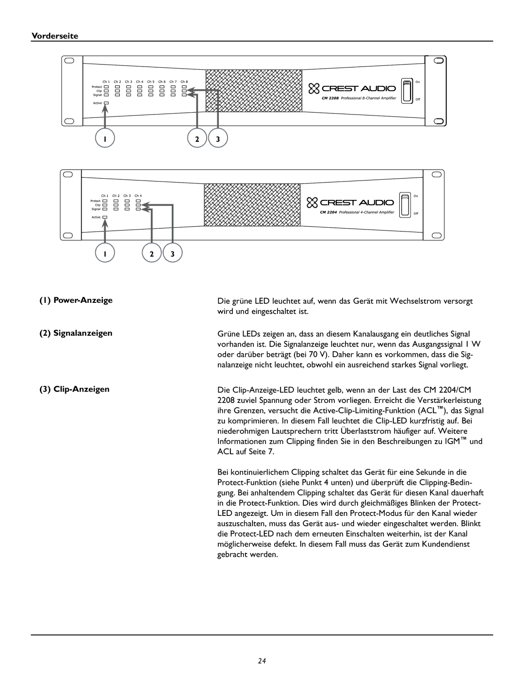 Peavey CM2204, CM2208 owner manual Vorderseite Power-Anzeige Signalanzeigen Clip-Anzeigen 