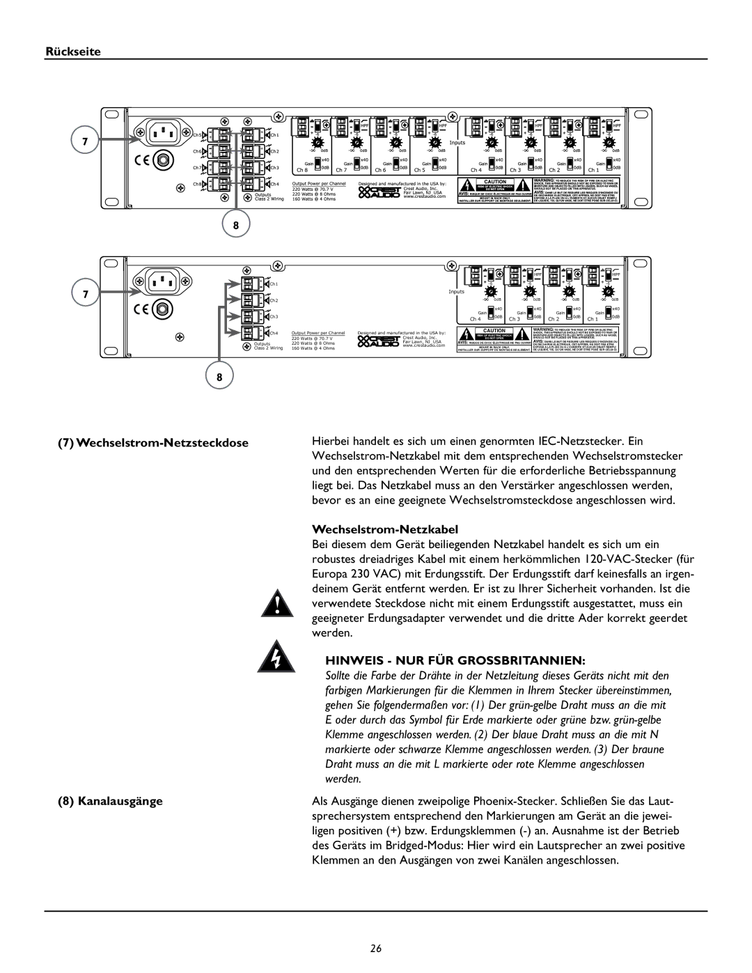 Peavey CM2204, CM2208 owner manual Rückseite, Wechselstrom-Netzsteckdose Kanalausgänge, Wechselstrom-Netzkabel 