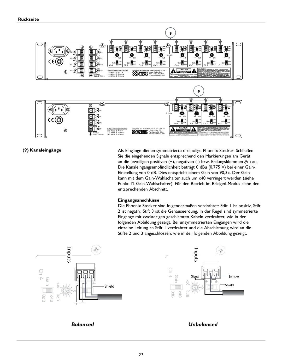 Peavey CM2208, CM2204 owner manual Kanaleingänge, Eingangsanschlüsse 