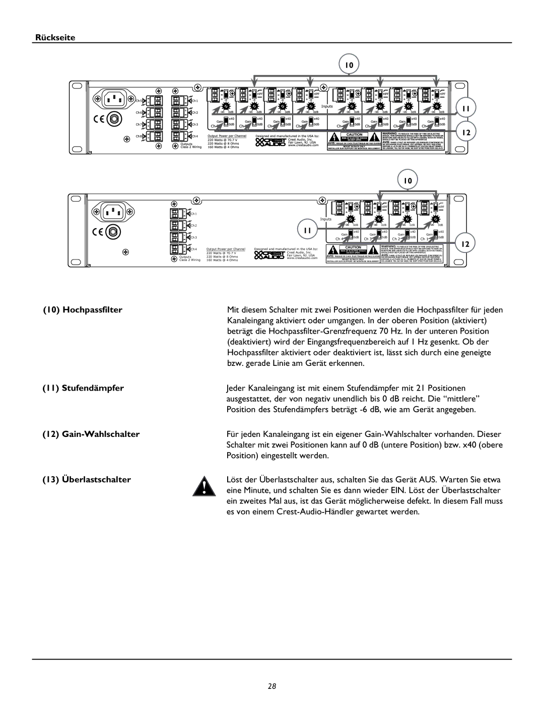 Peavey CM2204, CM2208 owner manual Watts @ 70.7 Crest Audio, Inc 