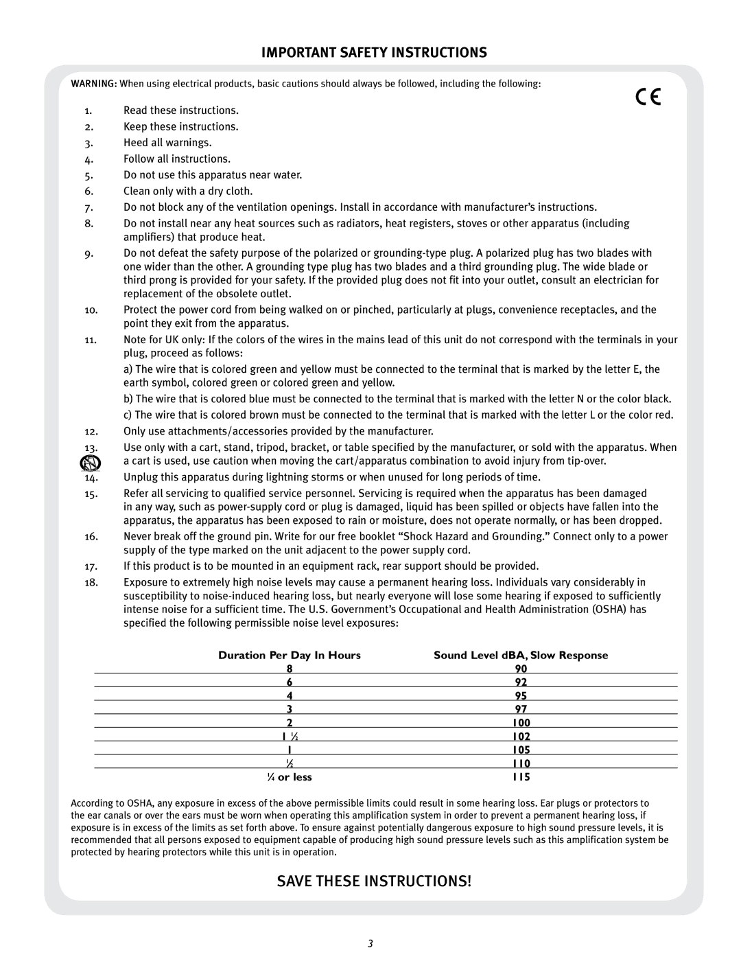 Peavey CM2208, CM2204 owner manual Important Safety Instructions 