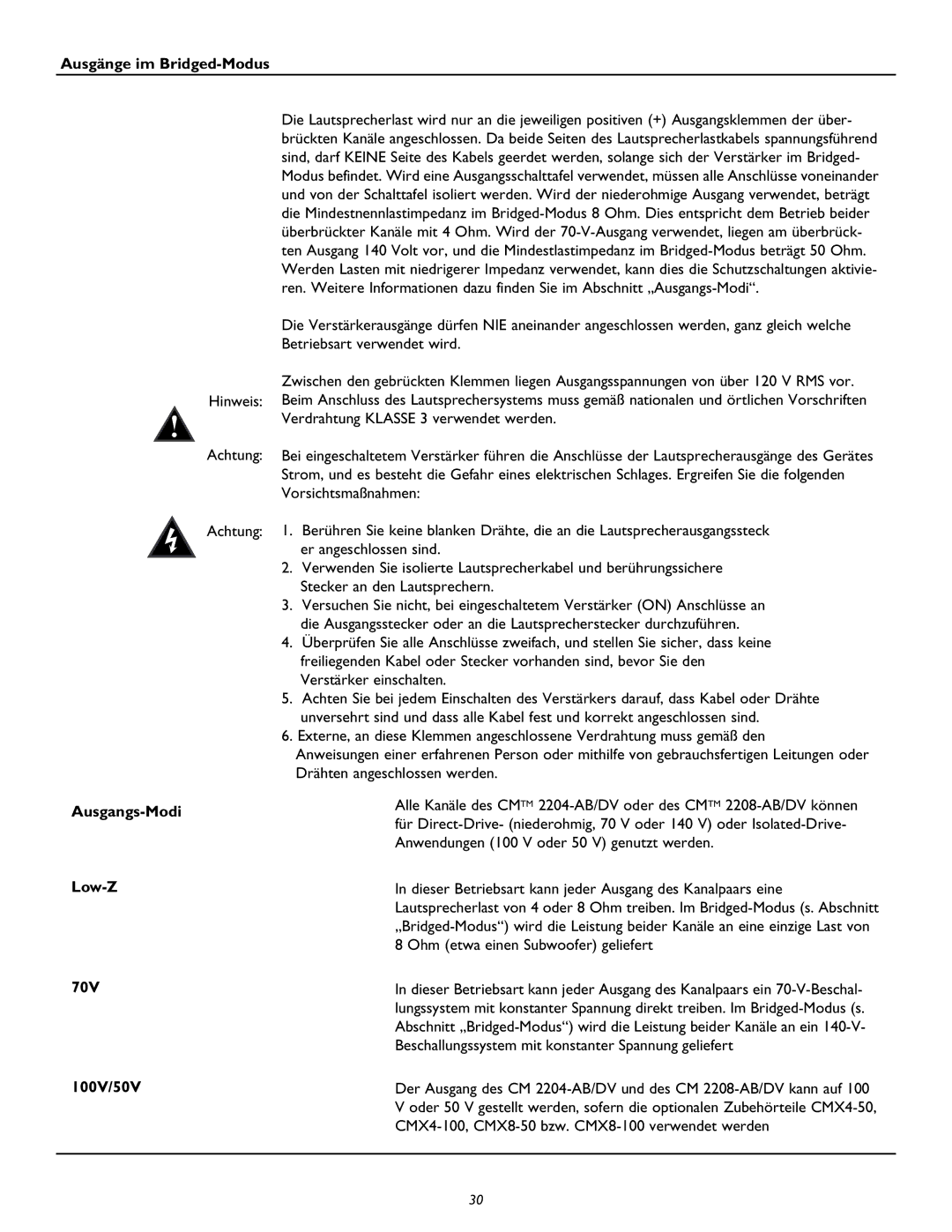 Peavey CM2204, CM2208 owner manual Ausgänge im Bridged-Modus, Ausgangs-Modi, Low-Z 70V 100V/50V 