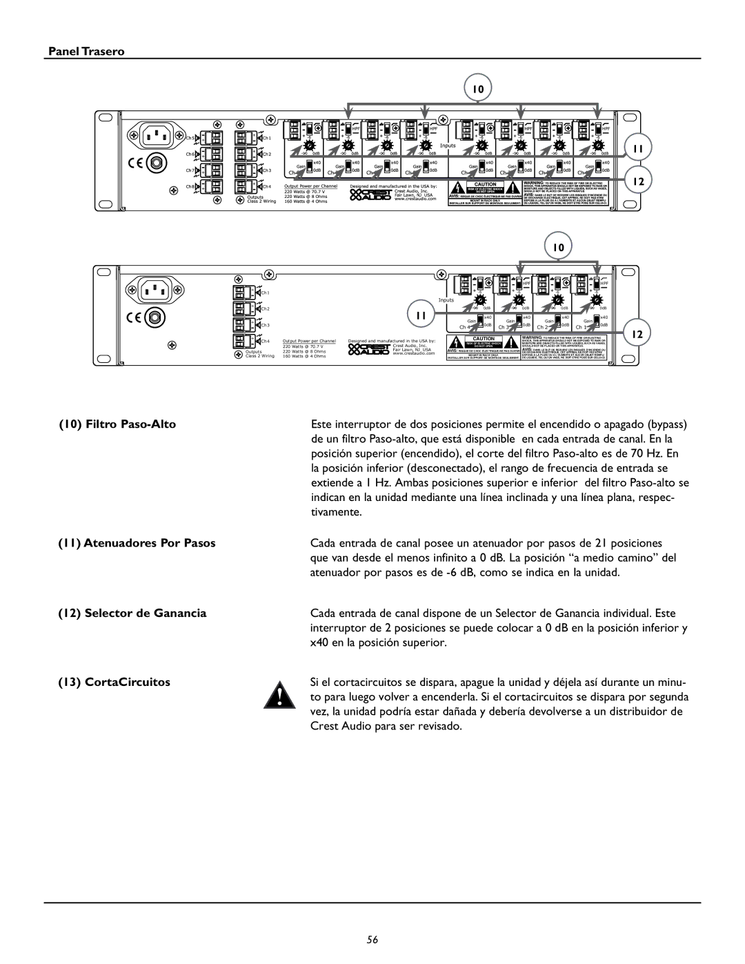 Peavey CM2204, CM2208 owner manual Watts @ 70.7 Crest Audio, Inc 