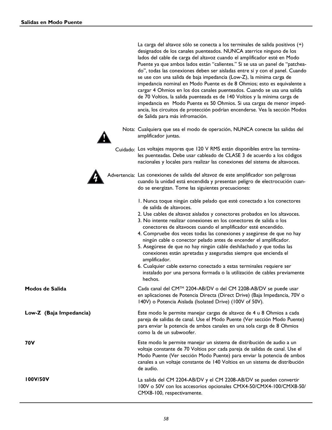 Peavey CM2204, CM2208 owner manual Salidas en Modo Puente, Modos de Salida Low-Z Baja Impedancia 