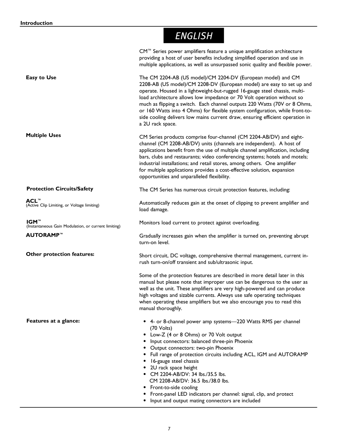 Peavey CM2208, CM2204 owner manual English, Other protection features Features at a glance 