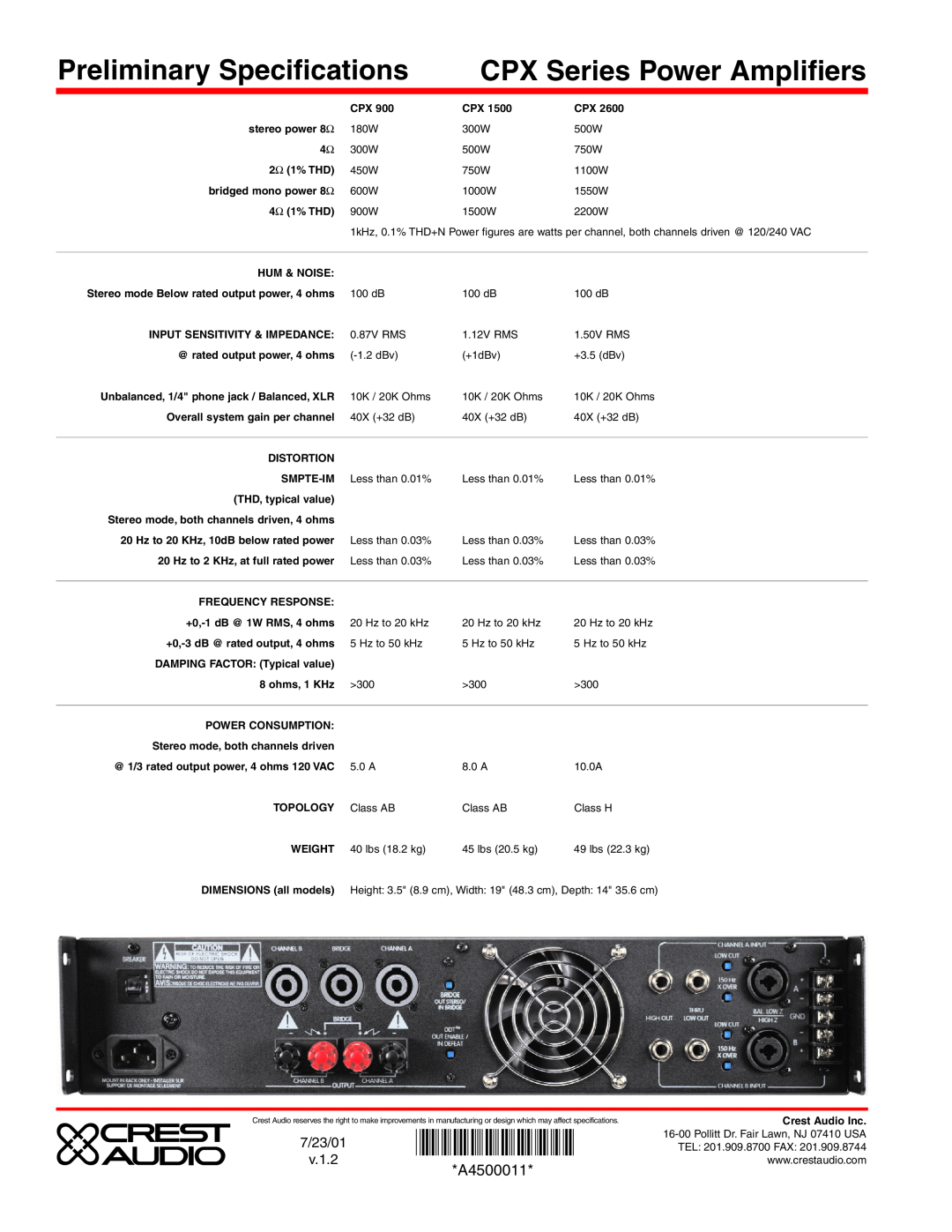 Peavey CPX 1500, CPX 2600, CPX 900 specifications Preliminary Specifications, CPX Series Power Amplifiers, A4500011 