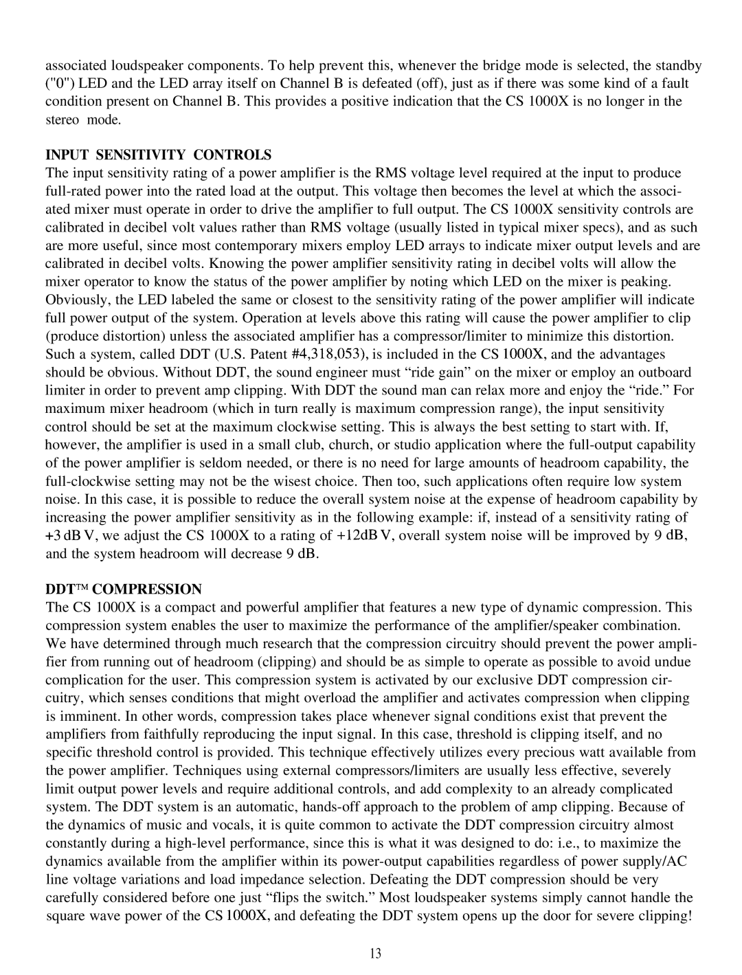 Peavey CS 1000X manual Input Sensitivity Controls, Ddttm Compression 