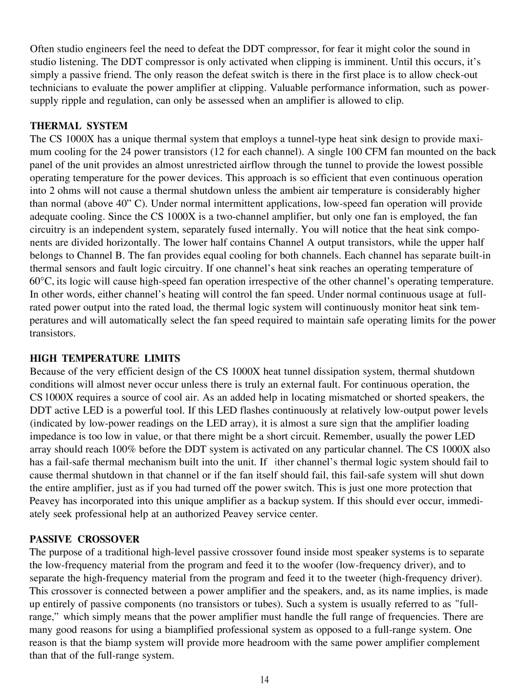 Peavey CS 1000X manual Thermal System, High Temperature Limits, Passive Crossover 